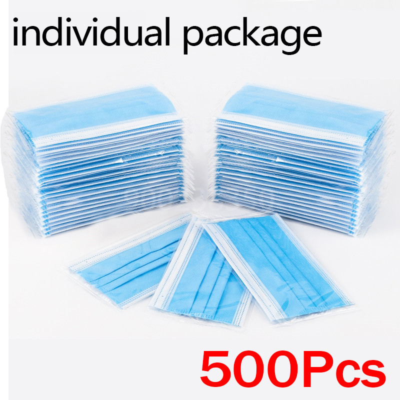 Disposable Mask Blue - หน้ากากอนามัยสำหรับผู้ใหญ่แบบใช้ครั้งเดียว บรรจุแยกชิ้น 10-500 ชิ้น พร้อมแผ่นกรอง Meltblown
